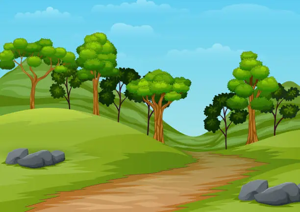 Vector illustration of Cartoon summer landscape with road trail to forest