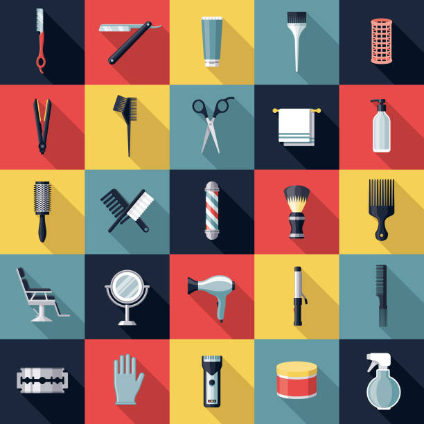 Hairdressing Icon Set A set of icons. File is built in the CMYK color space for optimal printing. Color swatches are global so it’s easy to edit and change the colors. salon mirror stock illustrations