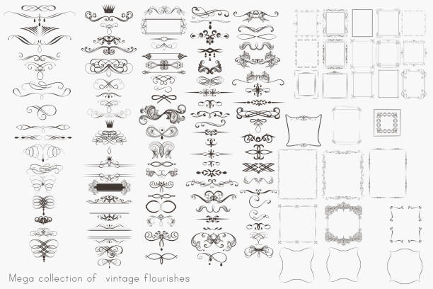 illustrations, cliparts, dessins animés et icônes de collection d'éléments calligraphiques vectoriels, de fioritures et de décorations de page, mega set pour la conception - ornate frame decoration scroll shape