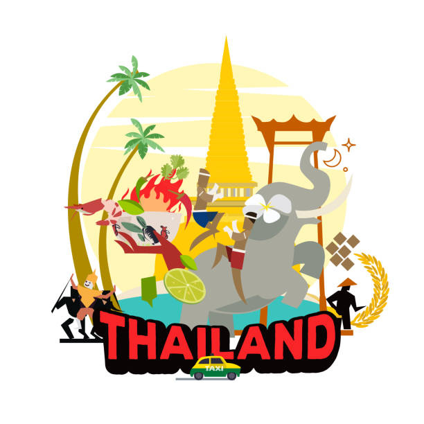 illustrazioni stock, clip art, cartoni animati e icone di tendenza di elementi grafici per viaggiare in thailandia. insieme grafico di cultura in thailandia - vettore - bangkok thailand asia water taxi