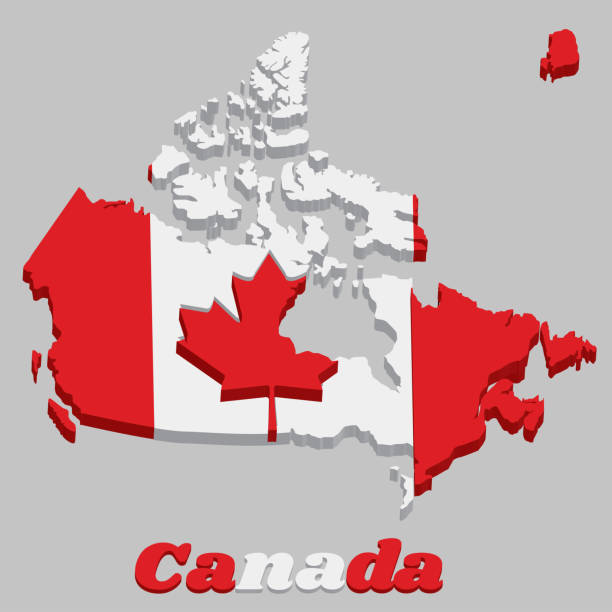 istock 3D Map outline of Canada, a vertical triband of red and white with the red maple leaf on the center. 1133121006