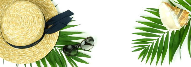 istock Summer travel accessories top view background. tropical palm leaf branches, straw hut , sunglasses, seashell on white background with empty space for text. Travel vacation, summer background. Flat lay 1133121353