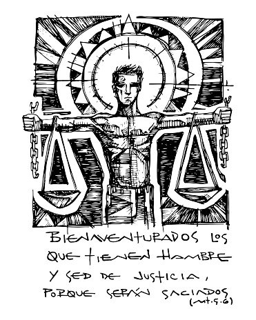 Hand drawn vector illustration or drawing of the Chrstian biblical beatitude in spanish: Bienaventurados los que tienen hambre y sed de justicia porque seran saciados, which means: Blessed are they who hunger and thirst for righteousness,