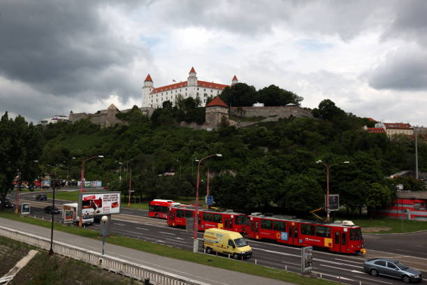 a citytrain in the new city of the city  Bratislava in Slovakia in east europe.
