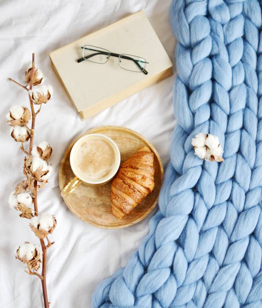 istock Cup with cappuccino, croissant, blue pastel giant plaid 1133123731