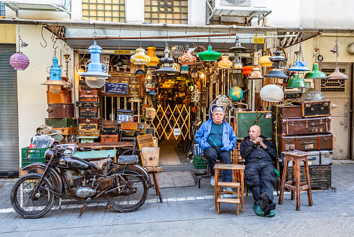 This pic shows the famous old Flea market and old neighborhoods of Jaffa in Tel Aviv Israel. The pics shows shops and marekt selling old and antiques items. The pic is taken in day time and in january 2019.