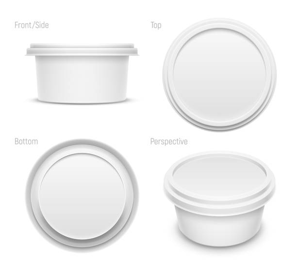 Vector mockup illustration of round container isolated on white background. Vector white round container for butter, melted cheese or margarine spread. Top, bottom, front and perspective views isolated on white background. Packaging mockup illustration. lid stock illustrations