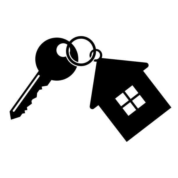 Key with a keychain Key with a keychain in the form of the house. Vector illustration house key stock illustrations