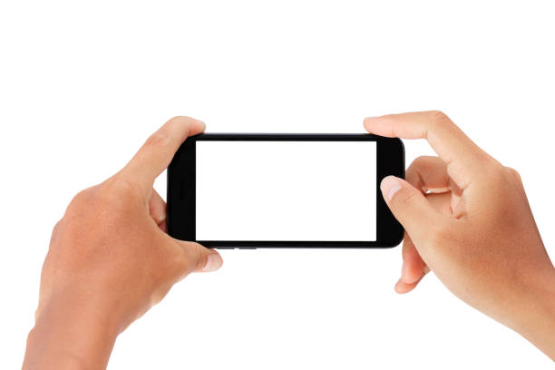 hand holding smartphone isolated on white background - clipping paths