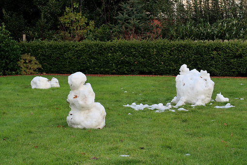 closer view on melting snow man on a lawn in niederlangen emsland germany photographed in winter at a fantastic day