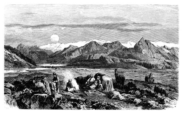 Stop on a plateau of western Tibet, Karakorum in the background Illustration of a Stop on a plateau of western Tibet, Karakorum in the background plateau drawing stock illustrations