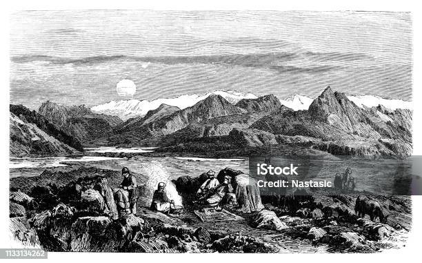 Stop On A Plateau Of Western Tibet Karakorum In The Background Stock Illustration - Download Image Now