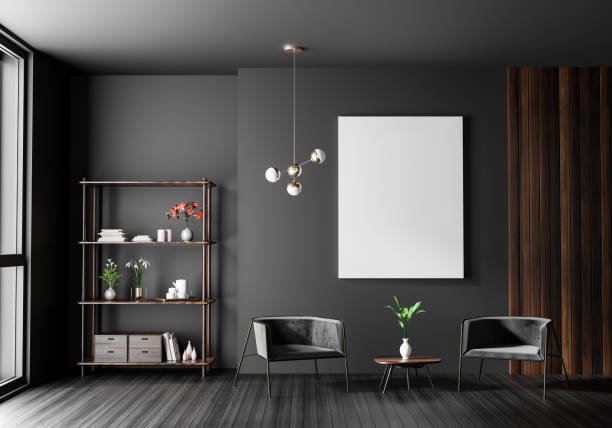 istock Mock up poster frame in Scandinavian style hipster interior. Minimalist modern interior design. 3D illustration. 1133134448