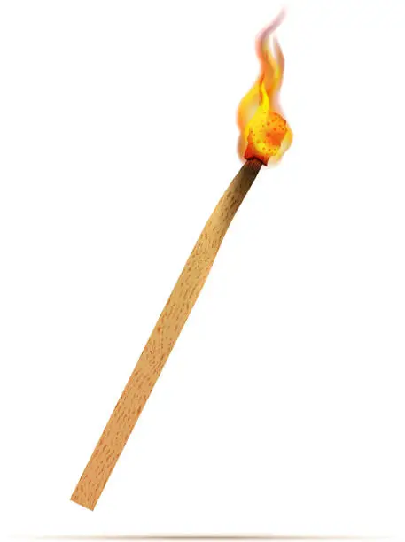 Vector illustration of Bright realistic match with fire flames isolated on white