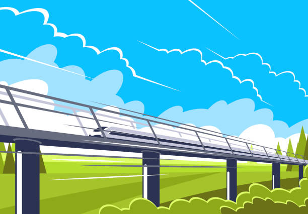 obraz wektorowy pociągu dużych prędkości w ruchu na tle zielonego krajobrazu i błękitnego nieba - поезд stock illustrations