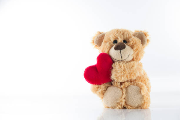 Love Background Valentine's day, Cute stuffed bear holding heart, valentine decoration on white background , Love image stuffed toy stock pictures, royalty-free photos & images