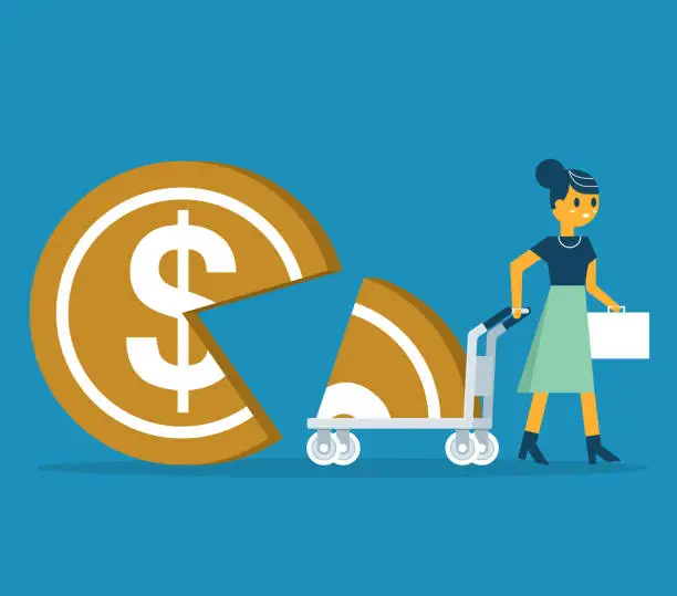 Vector illustration of Businesswoman takes away part of coin shaped pie on cart