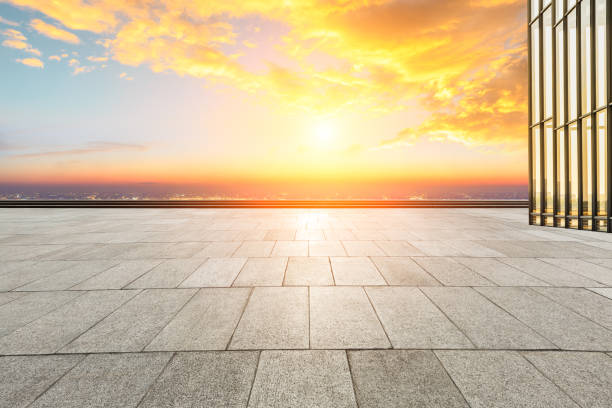 istock Empty floor and modern city skyline with buildings at sunset 1133146568
