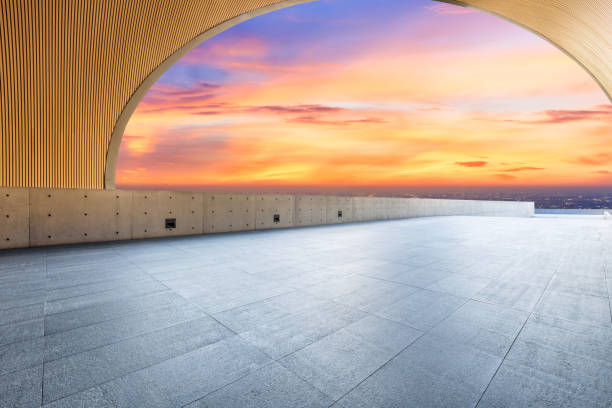 istock Empty floor and modern city skyline with beautiful colorful clouds 1133146930