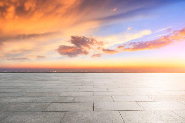 istock Empty floor and modern city skyline with beautiful colorful clouds 1133147705