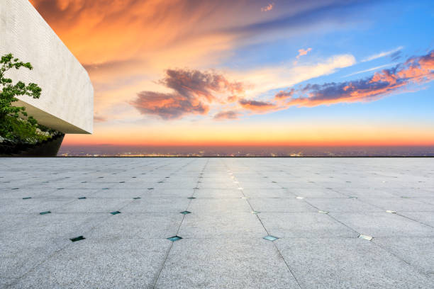 istock Empty floor and modern city skyline with buildings at sunset 1133147875