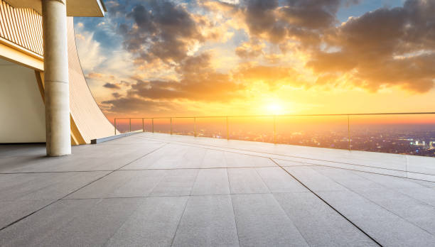 istock Empty floor and modern city skyline with beautiful colorful clouds 1133147962