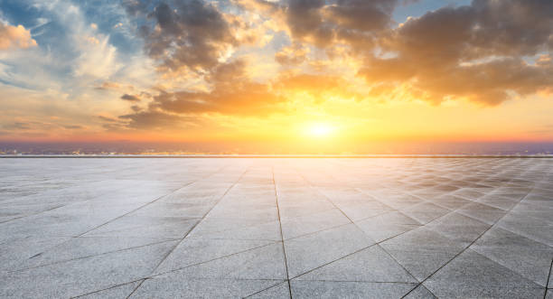 istock Empty floor and modern city skyline with beautiful colorful clouds 1133147974