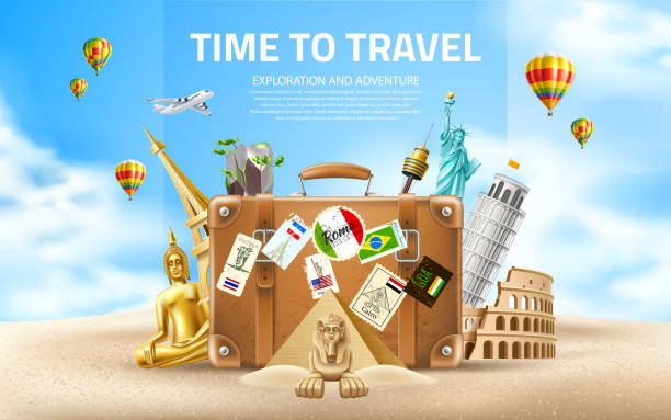 Vector Travelling and tourism poster design 3d Time to travel poster. Vector best tours promotion, travelling and tourism banner with vintage travel bag on sand, famous landmarks on sky background with air balloons. Pyramids, sphinx, eiffel tower pisa sculpture stock illustrations