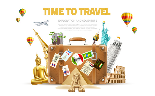 Time to travel poster. Vector best tours promotion, travelling and tourism banner with famous landmarks near vintage travel bag on background with air balloons. Pyramids, sphinx, eiffel tower