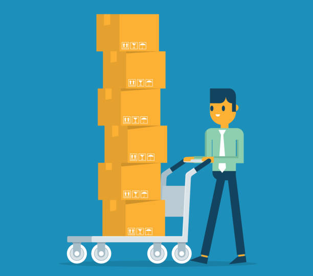 마분지 상자를 나르는 남자 - moving office relocation box hand truck stock illustrations