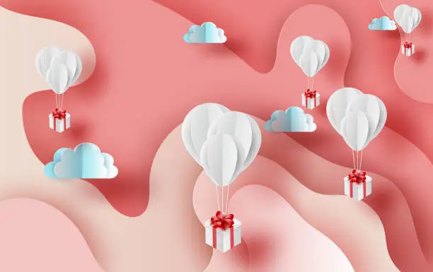 Vector illustration of 3D Paper art of Air white balloons gift floating on Abstract Curve shape pink sky background,valentine season concept. Banner,card and poster for festival holiday pastel color,vector. illustration
