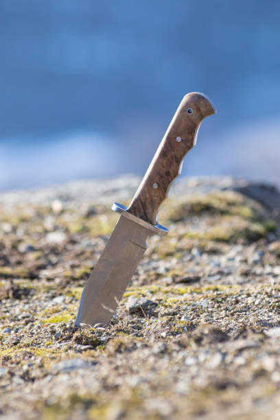 istock Hunting knife stuck in the ground in a blue sky composition 1133154973