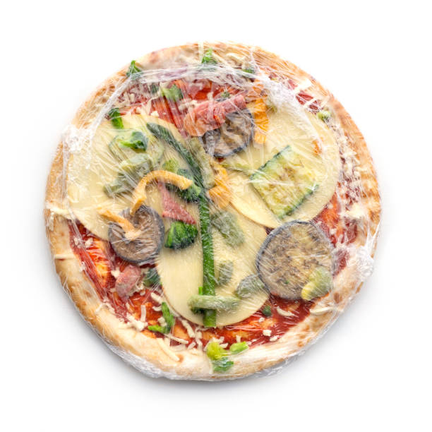 frozen pizza in foil on white background - eggplant cheese mozzarella italian cuisine imagens e fotografias de stock