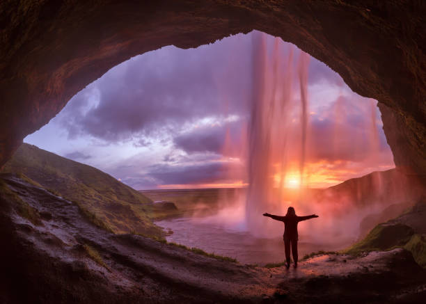 Panorama behind famous Seljalandsfoss waterfall on south Iceland