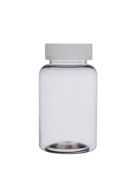 istock empty, transparent plastic small bottle for tablets, capsules and pills with a protective cover on a white background 1133160617