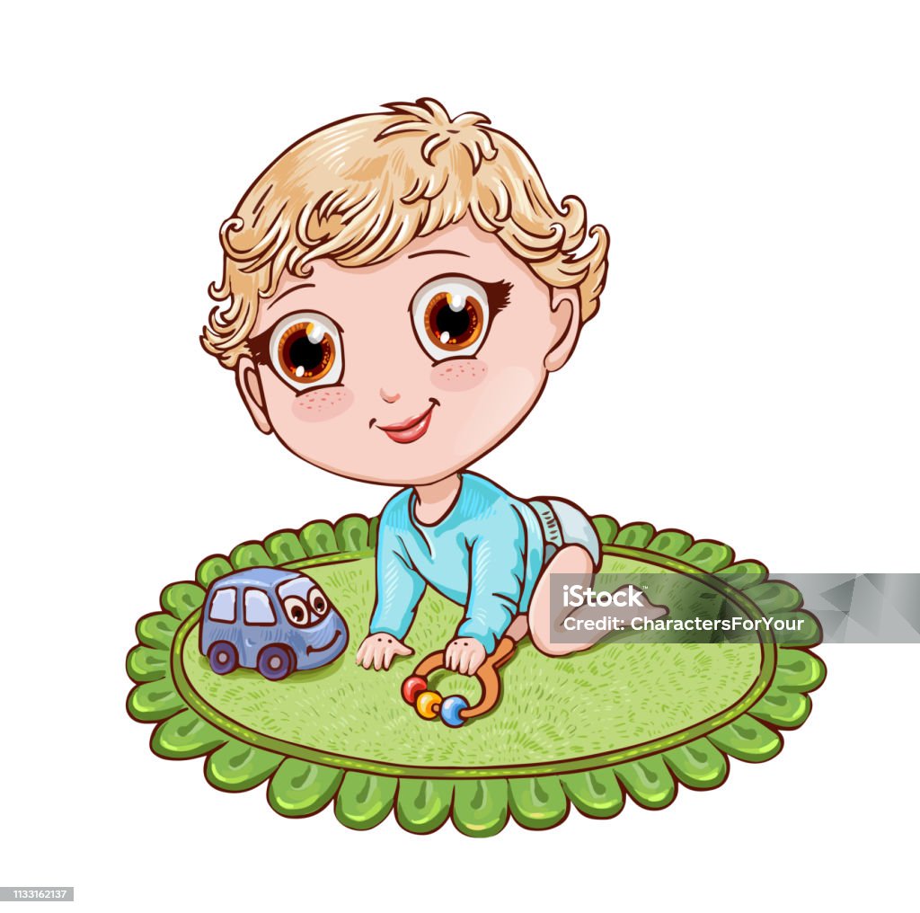 Little blond boy plays and crawls on a child’s rug. Vector illustration in chibi anime style. Cute chibi boy crawls and plays with a rattle on the green round rug for the children's room. Vector character in anime style suitable for children's magazine or coloring book Advertisement stock vector