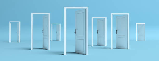 puertas blancas abiertas sobre fondo azul, banner. ilustración 3d - grupo grande de objetos fotografías e imágenes de stock