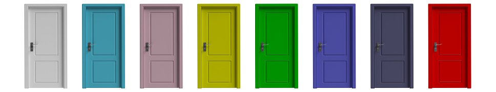 Multicolored doors collection. Set of various colors closed doors isolated cutout on white background. 3d illustration