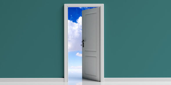 Opened door passage to blue sky, heaven. Open door, blue sky with clouds view out of the door opening, copy space. 3d illustration