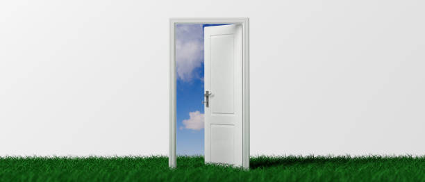 abra la puerta en la hierba verde, fondo blanco, vista azul del cielo de la puerta, bandera. ilustración 3d - opportunity door new cloud fotografías e imágenes de stock