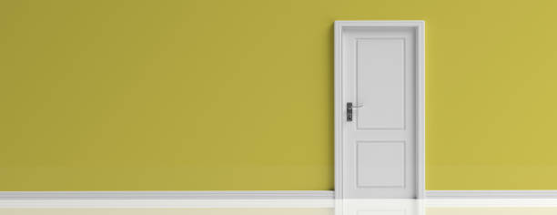 istock Closed door white on yellow wall background, banner, copy space. 3d illustration 1133163247