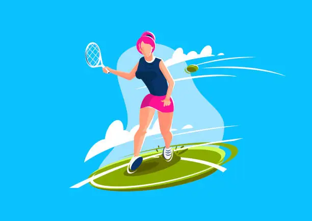 Vector illustration of vector illustration of a female tennis player playing tennis on the court