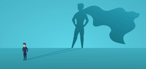 деловой человек с большим теневым супергероем. супер-менеджер лидер в бизнесе. концепция успеха, качества лидерства, доверия, эмансипации. � - superhero humor men cape stock illustrations