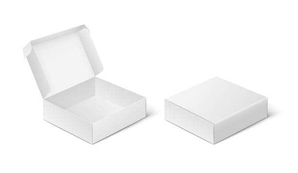zwei leere geschlossene und offene packboxen, box mockup auf weißem hintergrund. - schachtel stock-grafiken, -clipart, -cartoons und -symbole