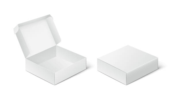 Two empty closed and open packing boxes, box mockup on white background. Two empty closed and open packing boxes, box mockup on white background. box 3d stock illustrations