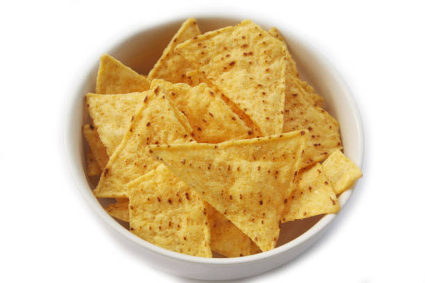 istock Corn Totillas or Nachos chips in a bowl on white 1133163838