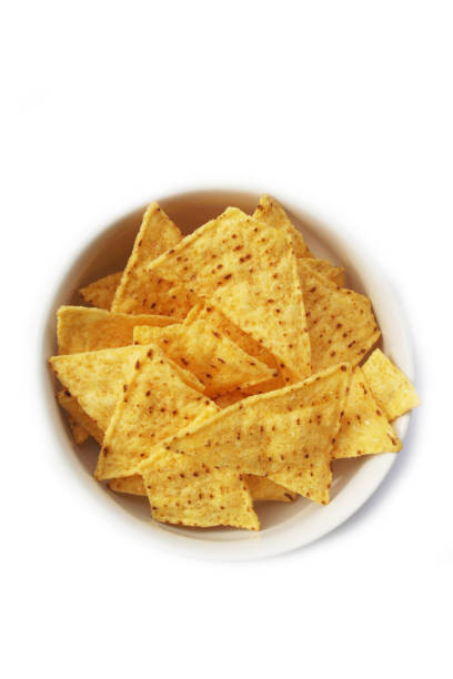 istock Corn Totillas or Nachos chips in a bowl on white 1133163941