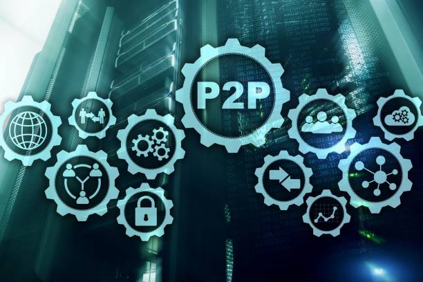 istock Peer to peer. P2P on the virtual screen with a server room background. 1133164577