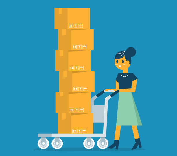 Businesswoman carrying cardboard boxes Businesswoman carrying a pile of cardboard boxes mover delivery person box hand truck stock illustrations