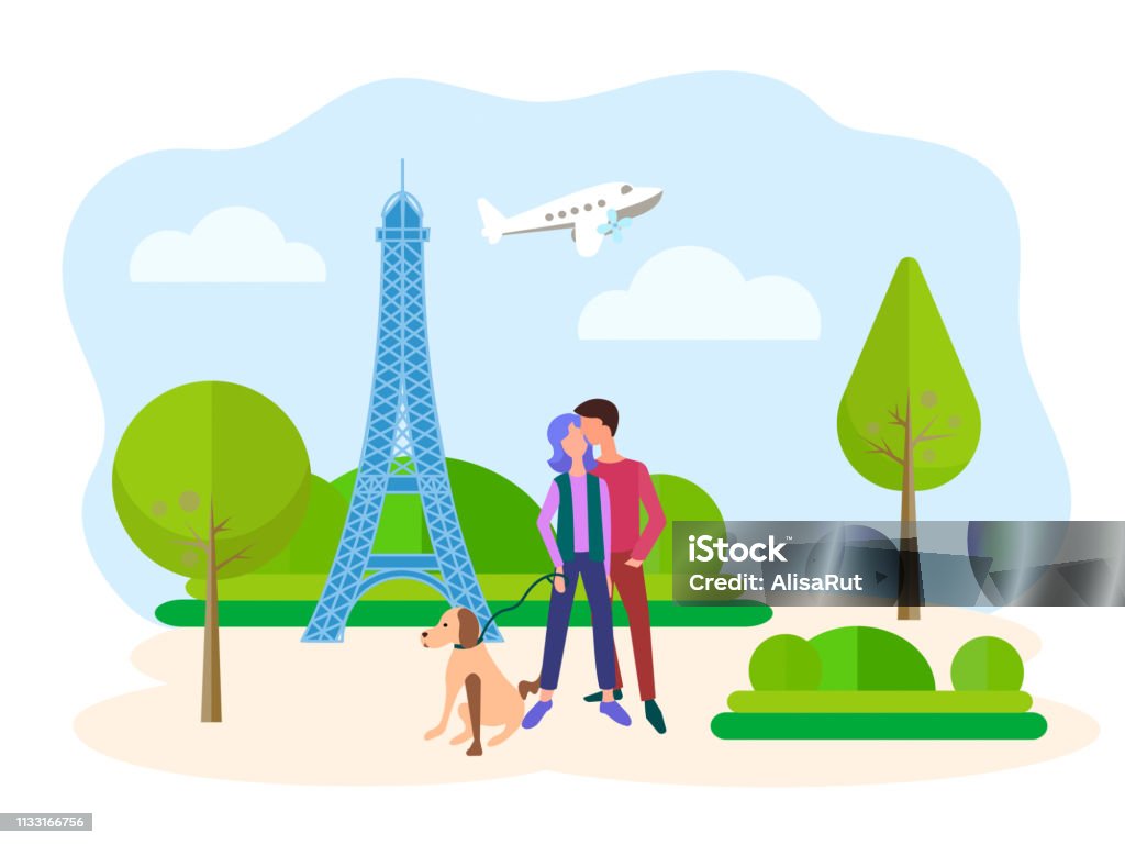 Young people hugging against the backdrop of the Eiffel tower in Paris, lovers walking their dog in Paris Park Young people hugging against the backdrop of the Eiffel tower in Paris, lovers walking their dog in Paris Park, honeymoon and happy couple concept Dog stock vector